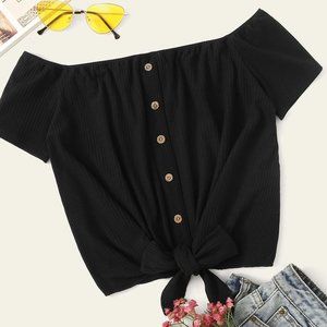 SHEIN Black Button Tie Rib-knit Crop Top